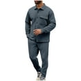 thumbnail image 3 of BiZtdJrK Men's Ribbed Tracksuit Solid Color Button Lapel Long Sleeve Shirts and Trousers 2 Pieces Set Jogging Suits, Navy, M, 3 of 7