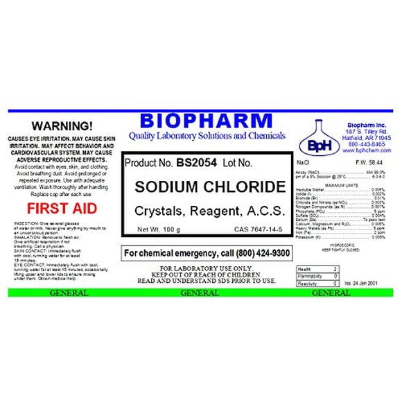Reactivo químico Biopharm de cloruro de sodio grado ACS 100 g