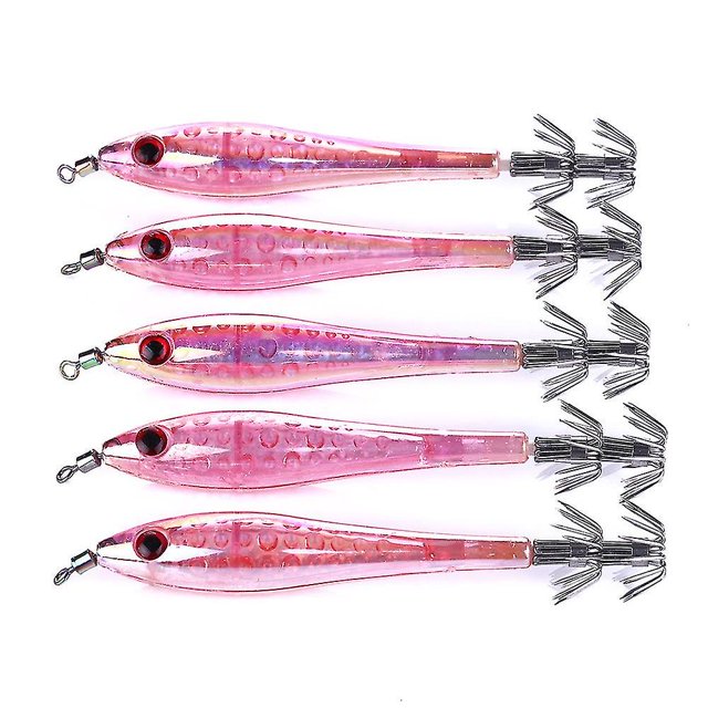Kit de señuelos de calamar para pesca, 5 anzuelos de plástico duro para calamar, aptos para agua dulce y salada, 9,5 cm (rosa)
