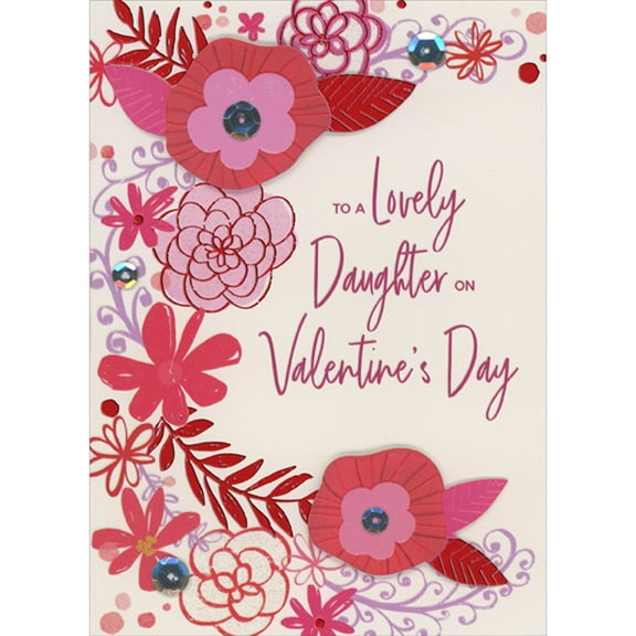 Designer Greetings Two Die Cut 3D Pink and Red Flowers with Foil Leaves and Silver Sequins Hand Decorated Valentine's Day Card for Daughter