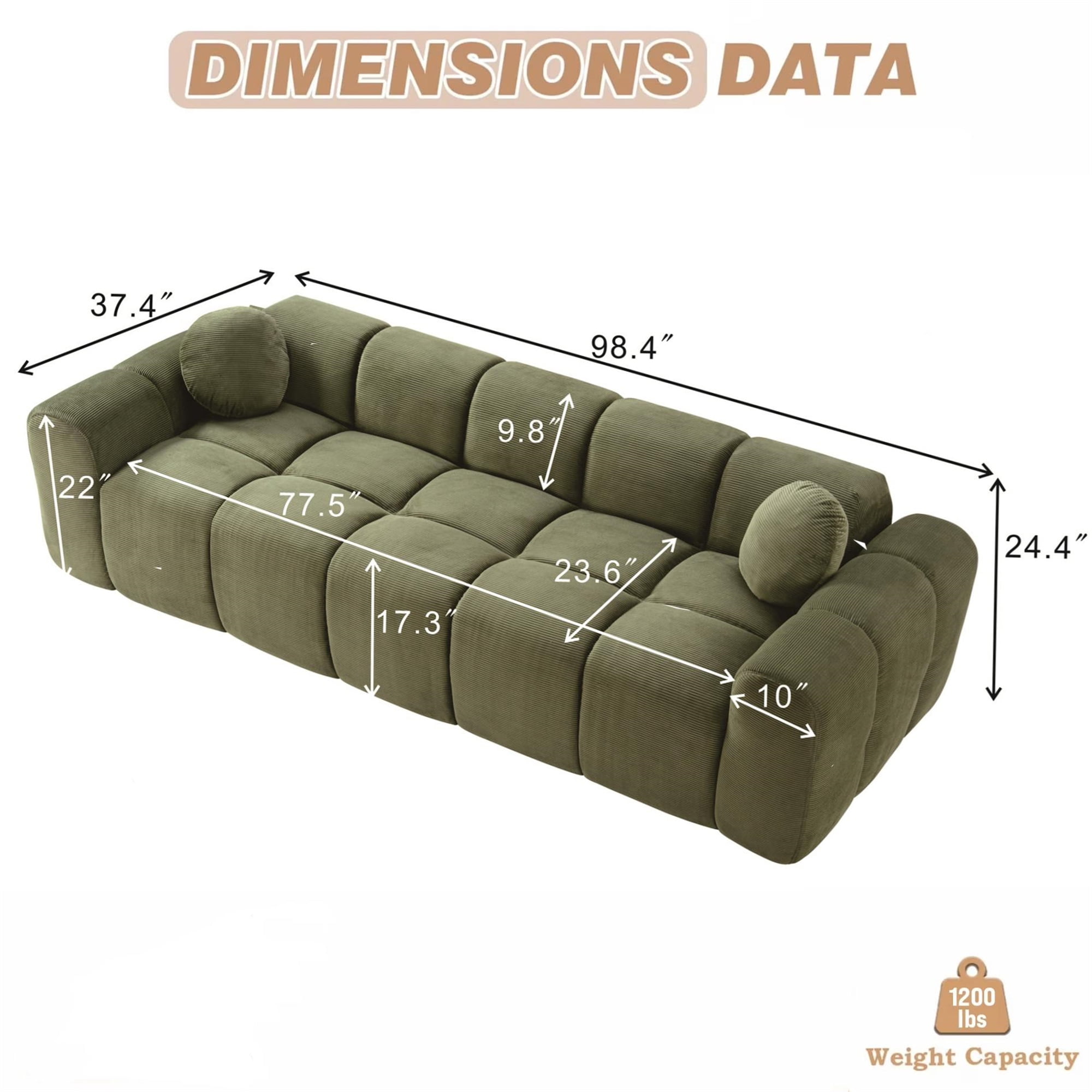 Aukfa 99" Oversized Cloud Sofa Boneless Couch 4-Seater Tufted Upholstered Sofa for Living Room, 2 Pillows, Corduroy, Green