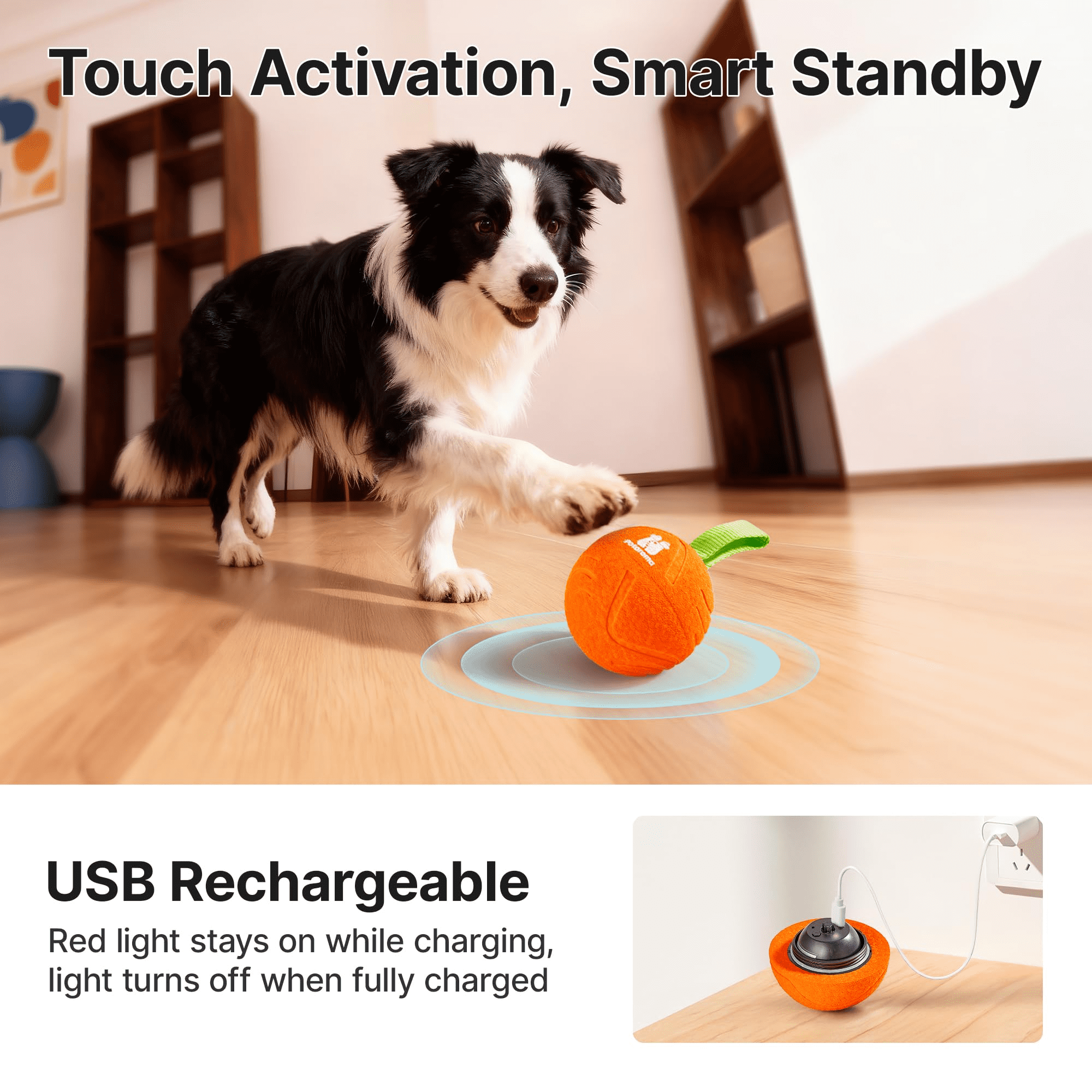 Potaroma Interactive Dog Ball Toy with Rope, 3 Mode Motion Activated Usb Bouncing Ball, Durable E-TPU, 3.2 Inch for Medium Large Dogs