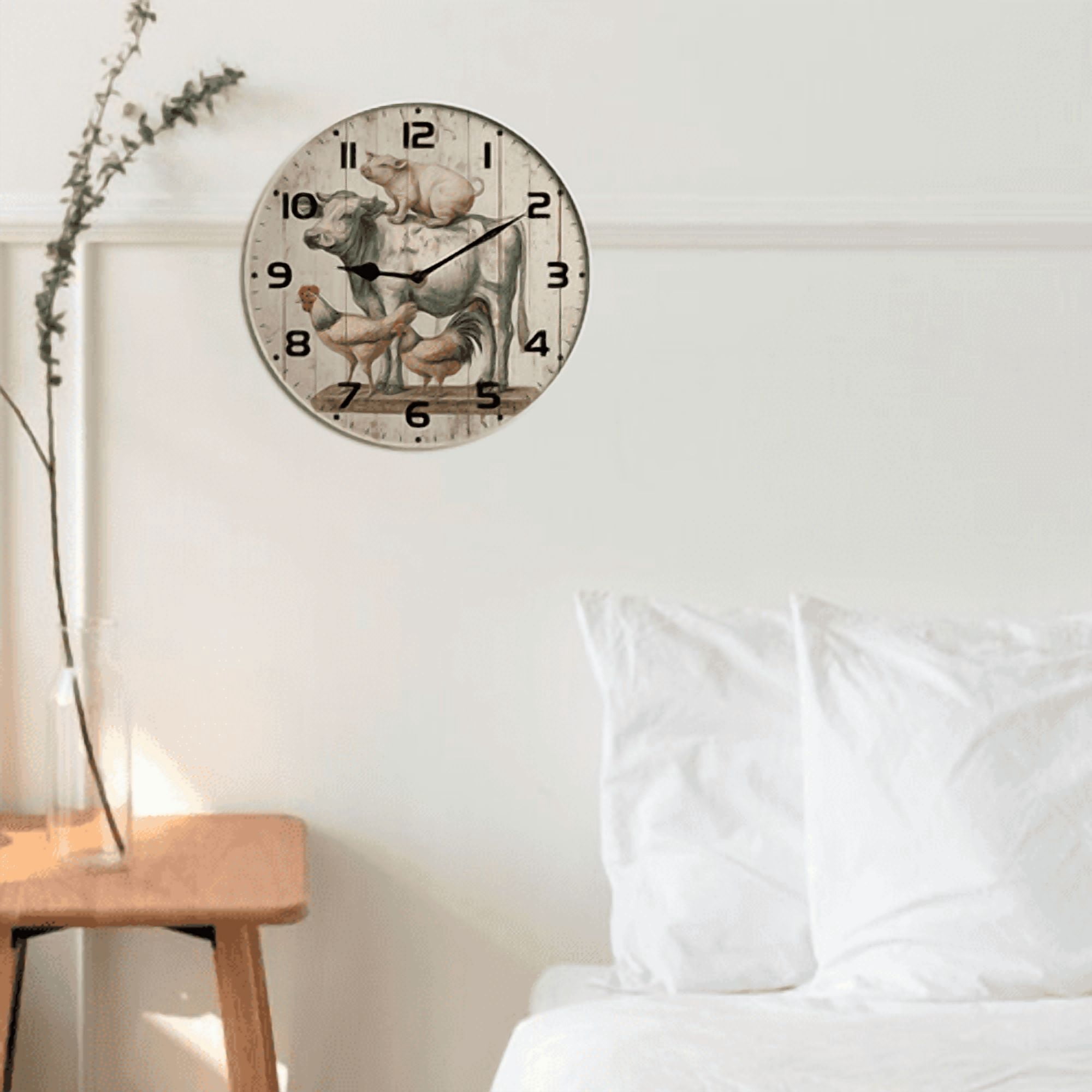Kurmntregon Farm Animal Cow Pig And Chicken Wall Clock Wooden Silent Non Ticking Battery Operated Rustic Farmhouse Kitchen Clocks Decorative For Living Room Bedroom Office Round 10"