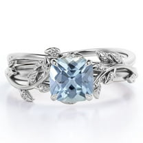 JeenMata Leaf Pattern 1 Carat Cushion Cut Bright Blue Created Aquamarine Solitaire Bridal Set in 18K White Gold Plating over Silver