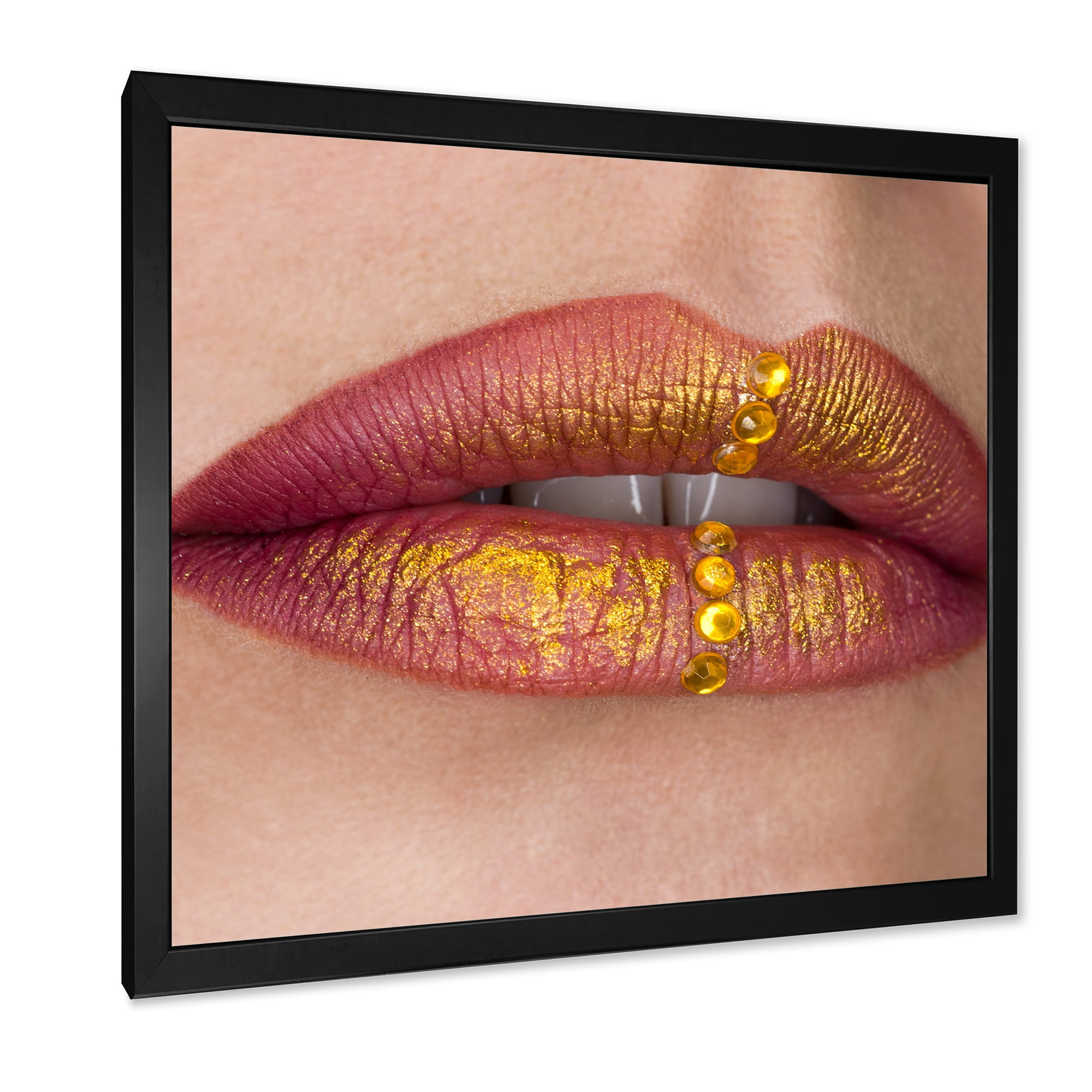 Designart 'Woman Lips Close-Up With Red Lipstick, Gold Paint' Modern Framed Art Print