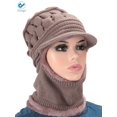 thumbnail image 3 of Deago Womens Bib Beanie Hat Pom Bobble Scarf Mask Set Knitted Winter Warm Snow Ski Cap (Khaki), 3 of 6