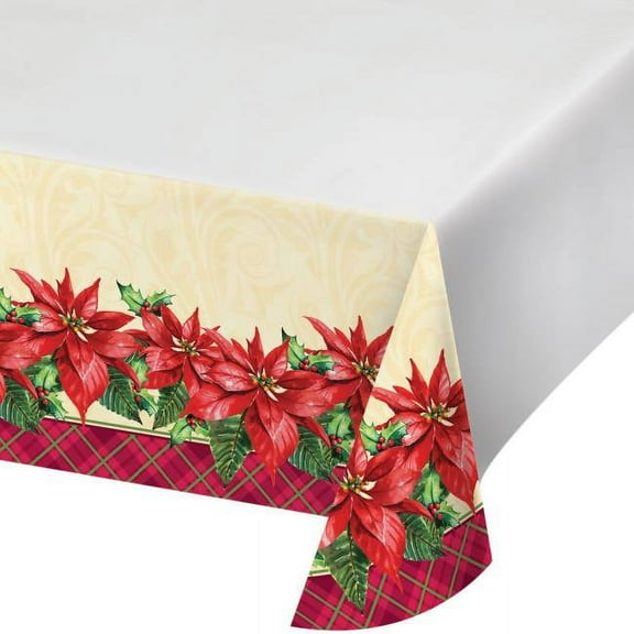Holiday Plaid Poinsettia Symbols Plastic Tablecloth