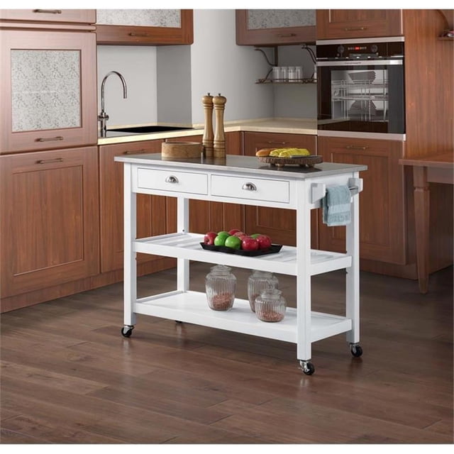 American Heritage Chariot de Cuisine avec Dessus en Acier Inoxydable, Finition Bois Blanc