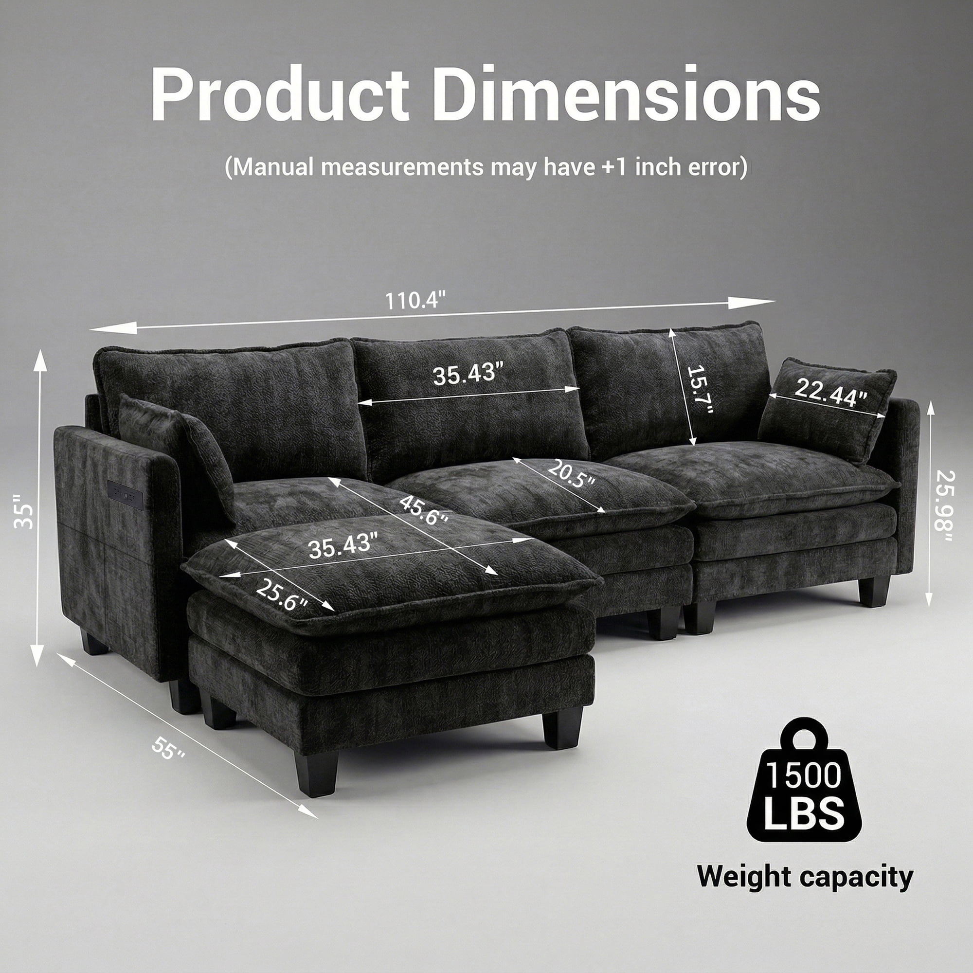 Howcool 110"W Modern Chenille Sectional Sofa with Ottoman,L-Shaped Modular Sofa Couch with USB Ports for Living Room,Black