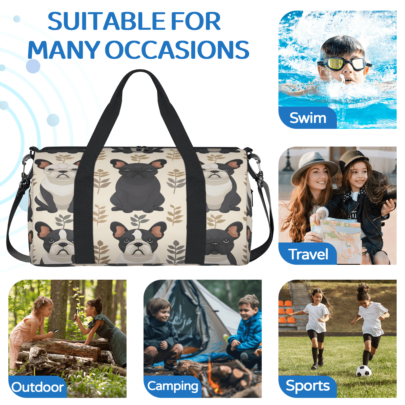 Herdesigns Dog Theme Travel Duffle Bag Sports Yoga Weekender Overnight Carry on Workout Bags Lightweight Waterproof Gym Tote Bag for Women Animal