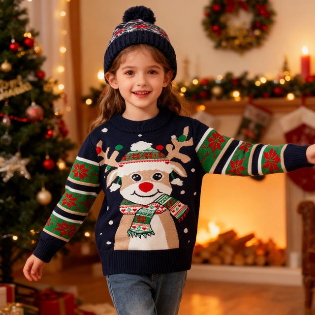 Suéter de cuello redondo Suéter navideño para niños Niños y niñas Otoño e invierno Europa y Estados Unidos Prendas de punto navideñas para niños Suéter para niños