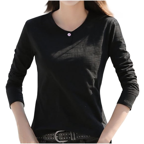 Plebaso Long Sleeve Shirts for Women Round Neck Comfy Bottom Tops Casual Solid Color Womens Blouses M-4XL