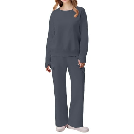 WTOBBY Women s 2 Piece Casual Round Neck Sportswear Set with Multi-Pocket Wide Leg Athletic Pants Loose Fit Tracksuit Outfit for Women Gray 2XL