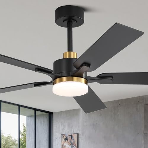 Modern Black and Gold Ceiling Fans with Lights and Remote 52 Inch Chandelier Ceiling Fans for Living Room Bedroom Reversible Noiseless DC Motor 6 Speeds 3 Color Dimmable LED Light Timer