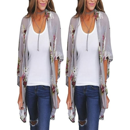 Cheetah Print Cardigan - Mosunx Women Chiffon Loose Shawl Print Kimono Cardigan Top Cover Up Blouse Beachwear