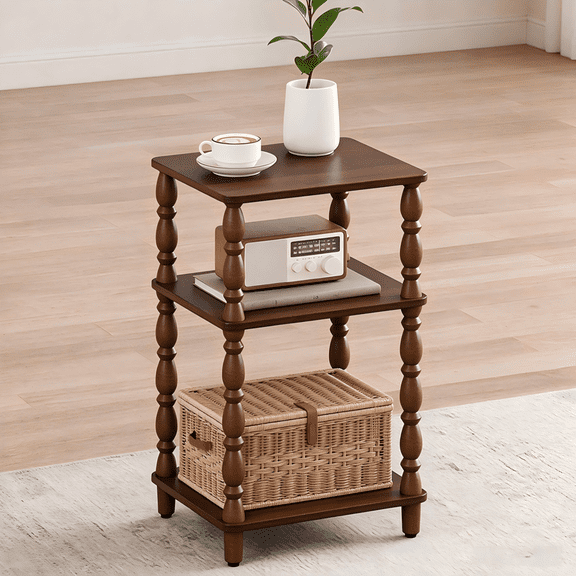 Small Side Table with 3-Tier Shelf, Narrow Wood End Table for Small Spaces, Living Room Bedroom, Walnut