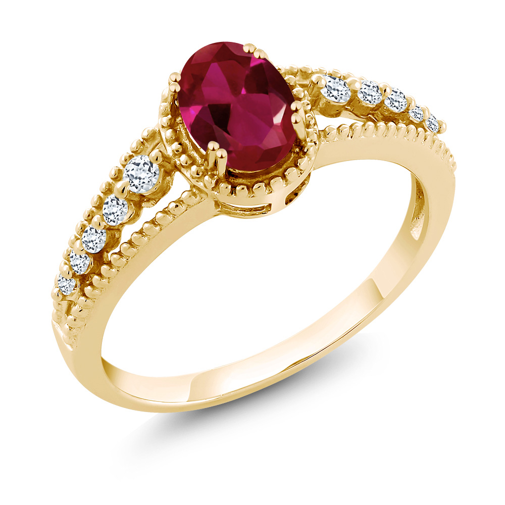 1.11 Ct Oval Red Created Ruby White Topaz 14K Yellow Gold Ring by