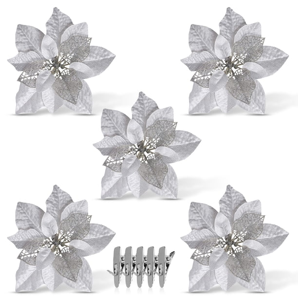 Wosthever 15/5 uds, polvo de brillo de flores artificiales de Navidad, adornos de árbol de Navidad DIY, flores falsas, decoraciones de Año Nuevo de Kits de decoración para fiestas plata 5PCS