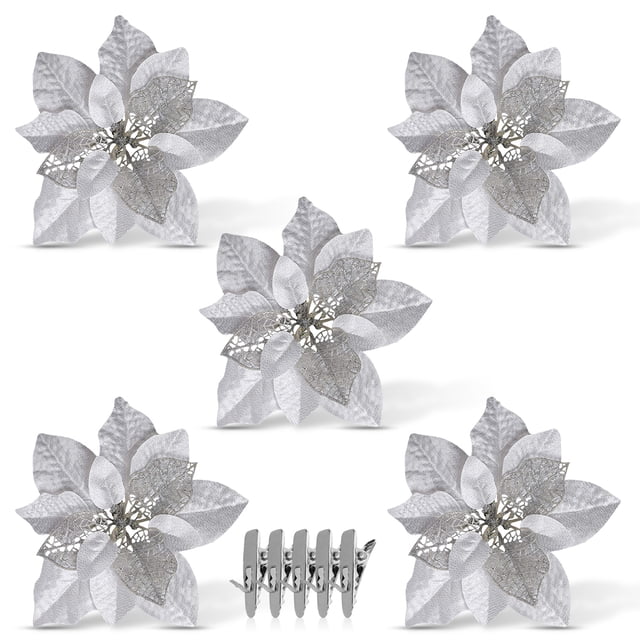 Wosthever 15/5 uds, polvo de brillo de flores artificiales de Navidad, adornos de árbol de Navidad DIY, flores falsas, decoraciones de Año Nuevo de Kits de decoración para fiestas plata 5PCS
