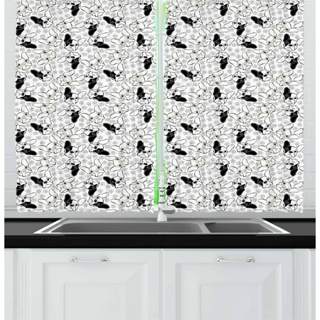 Bulldog Curtains 2 Panels Set, Monochrome Doodle Portraits with Paw Traces Best Friend Animal Lover, Window Drapes for Living Room Bedroom, 55W X 39L Inches, Black White and Pale Grey, by
