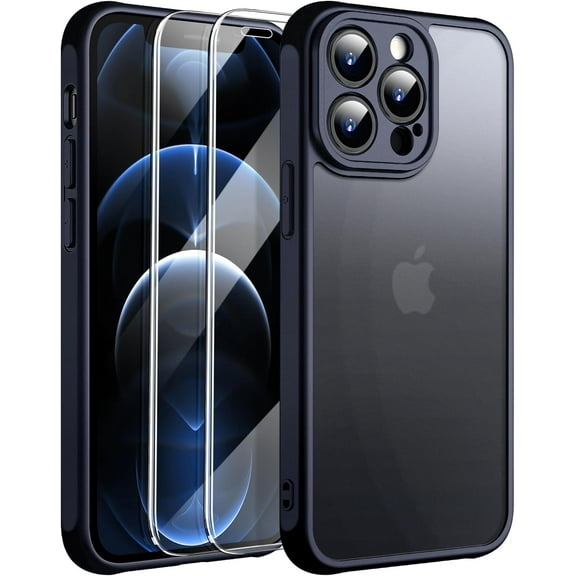 [3 in 1 for iPhone 12 Pro Max Case, [Anti-Yellowing] [Military-Grade Protection] [with 2 pcs Screen Protector] Full-Body Matte Protective Phone Case. (Black)