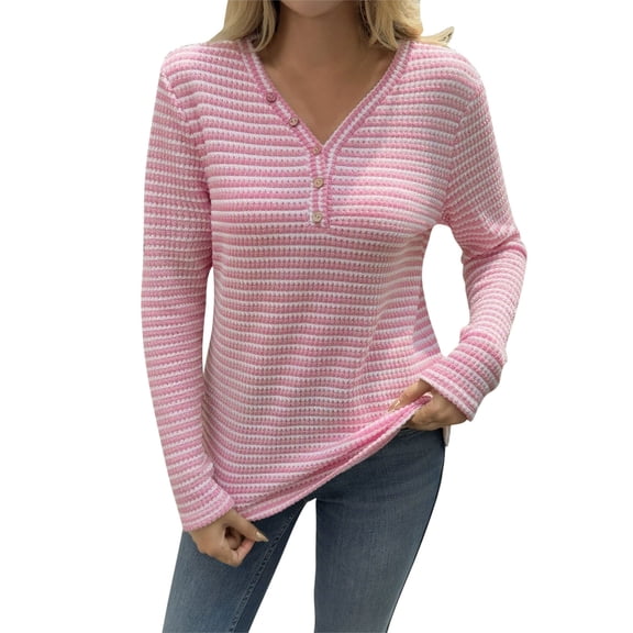 biudgviw Womens Button Down Shirt for Fall V Neck Lightweight Striped Blouses Casual Trendy Long Sleeve Pullover Tops