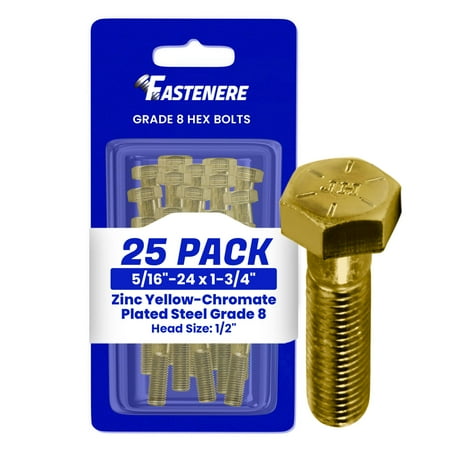 Fastenere 5/16 -24 x 1-3/4 Hex Bolts Grade 8 Zinc Yellow-Chromate Plated Steel Partial Threaded Durable Hex Bolts for Machinery & Construction Rust-Resistant Heavy-Duty Fasteners Pack of 25