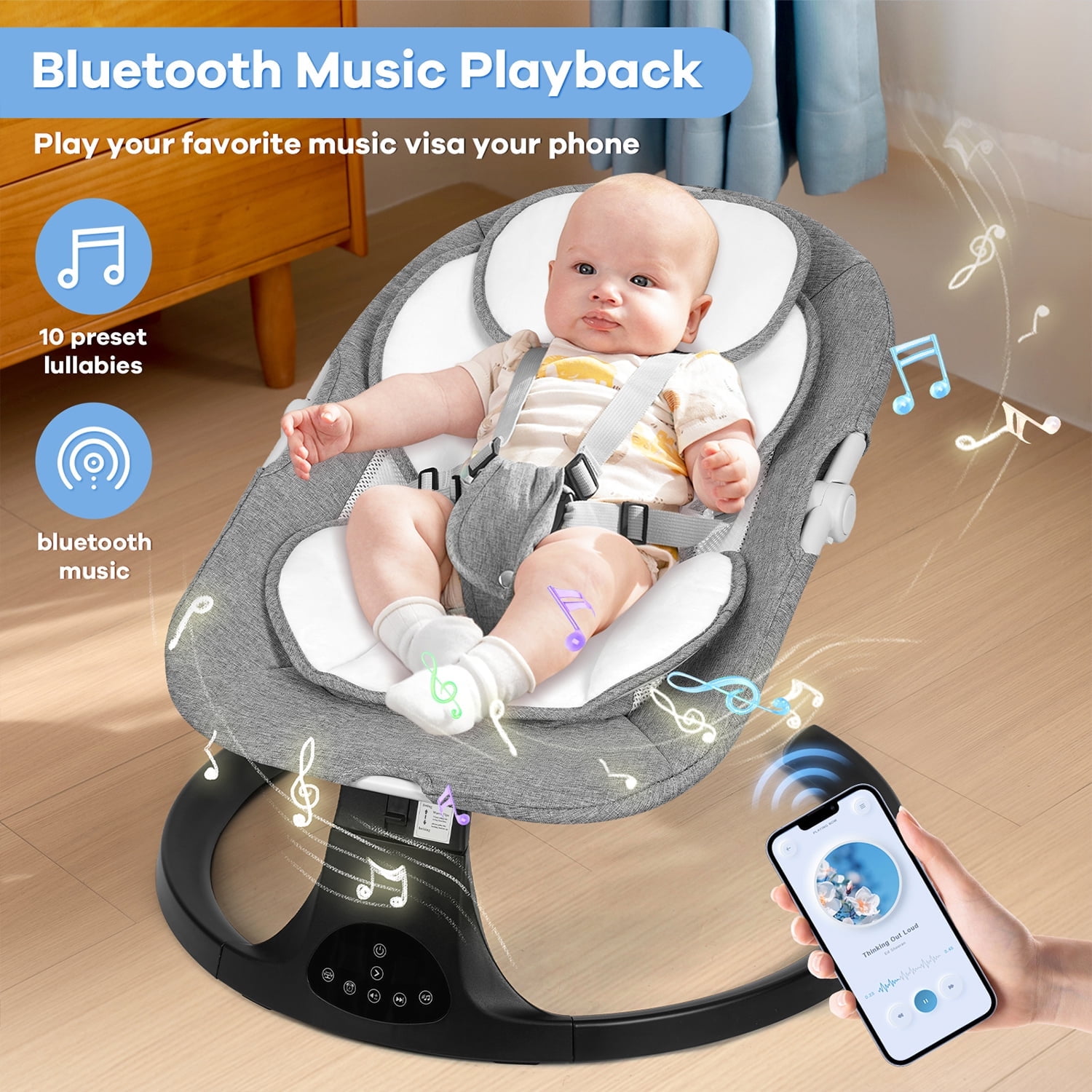 Baby Swing for Infants 0-18 Months - 5 Speed Bluetooth Baby Bouncer with 10 Lullabies, Portable Infant Swing Chair (Gray)