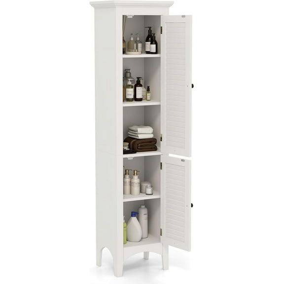 LOKO 63" Tall Bathroom Floor Cabinet, Multifunctional Storage Cabinet with Doors, Narrow Slim Linen Tower for Bathroom, Laundry Room, Living Room or Kitchen (White)