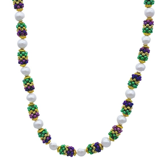 42" Purple, Green and Gold with White Pearl Mardi Gras Bead