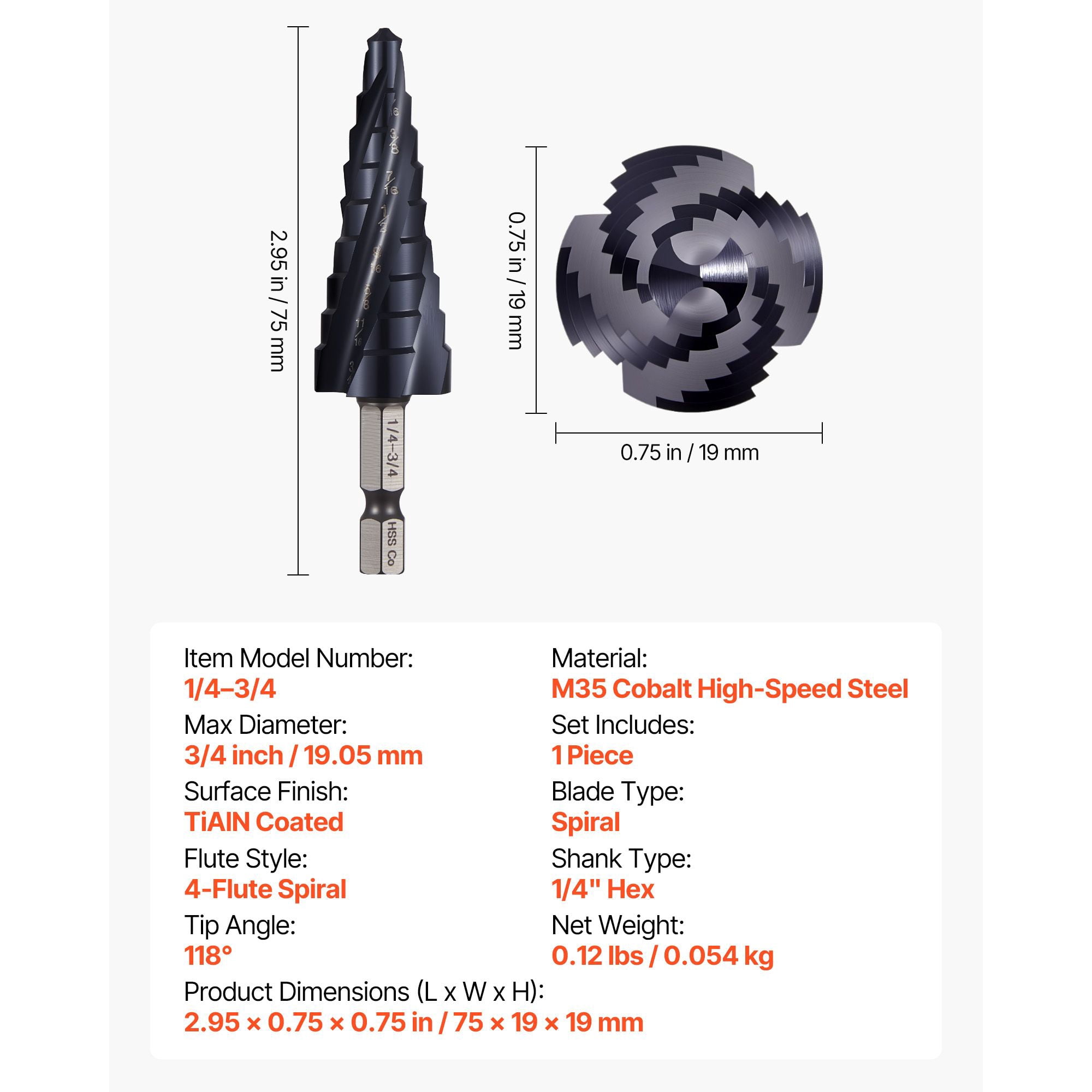 Dranite Step Drill Bit, 1/4" to 3/4", TiAlN Coating Cobalt HSS, Hex Shank for Metal/Wood