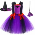 thumbnail image 4 of Disfraz de bruja de Halloween para niñas, vestido de tutú morado y negro para fiesta de carnaval, vestido de tul elegante para niños con murciélago malvado y bruja, 4 of 5