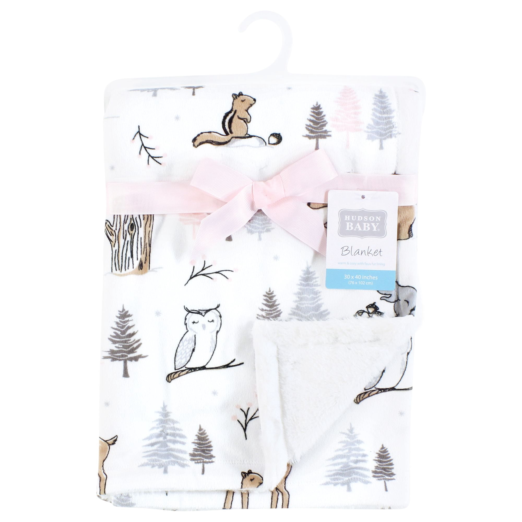 Hudson Baby Girls Plush Blanket with Furry Binding and Back, Winter Forest, One Size