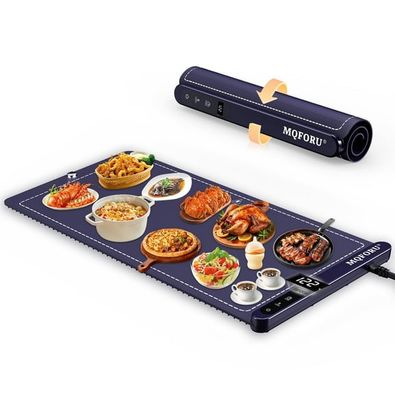 Extra Large Food Warming Mat for Buffet,35.8"×15.8"Electric Warming Tray with 3m Power Cord, 5s Full Surface Heating, Roll Up Warming mat for Food,6 Level Adjustable TEM&6H Timer,Auto-Off (Blue)