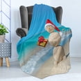 thumbnail image 4 of Christmas Soft Flannel Fleece Throw Blanket, Sand Snowman with Santa Hat and Present Tropical Beach Australian Noel, Cozy Plush for Indoor and Outdoor Use, 60" x 80", Blue and Vermilion, by Ambesonne, 4 of 5