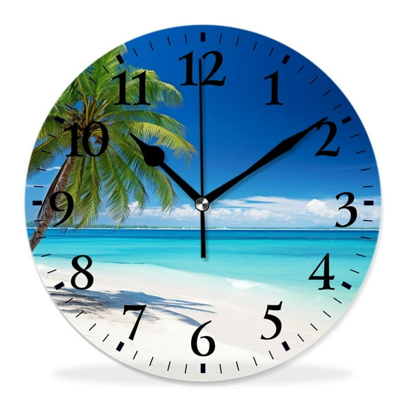 12 Inch Wall Clock Battery Operated Silent Clock Decorative for Office, Kitchen, Outdoor, Living Room，Scenic Coral Beach with Palm Tree Cute Pattern