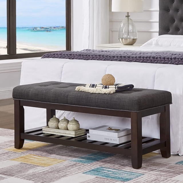 Large Rectangular Tufted Linen Fabric Bench Padded Bench with Solid Wood Shelf-Linen