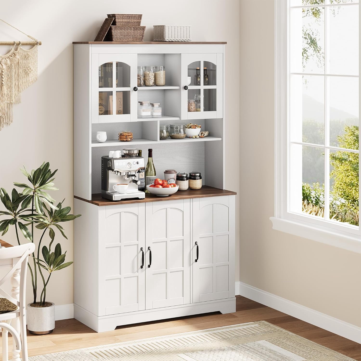 Pantry Cabinet with Charging Station, Tall Kitchen Pantry Storage Cabinet with Hutch,70.9 Inch Kitchen Cabinet with Glass Doors, for Dining Room