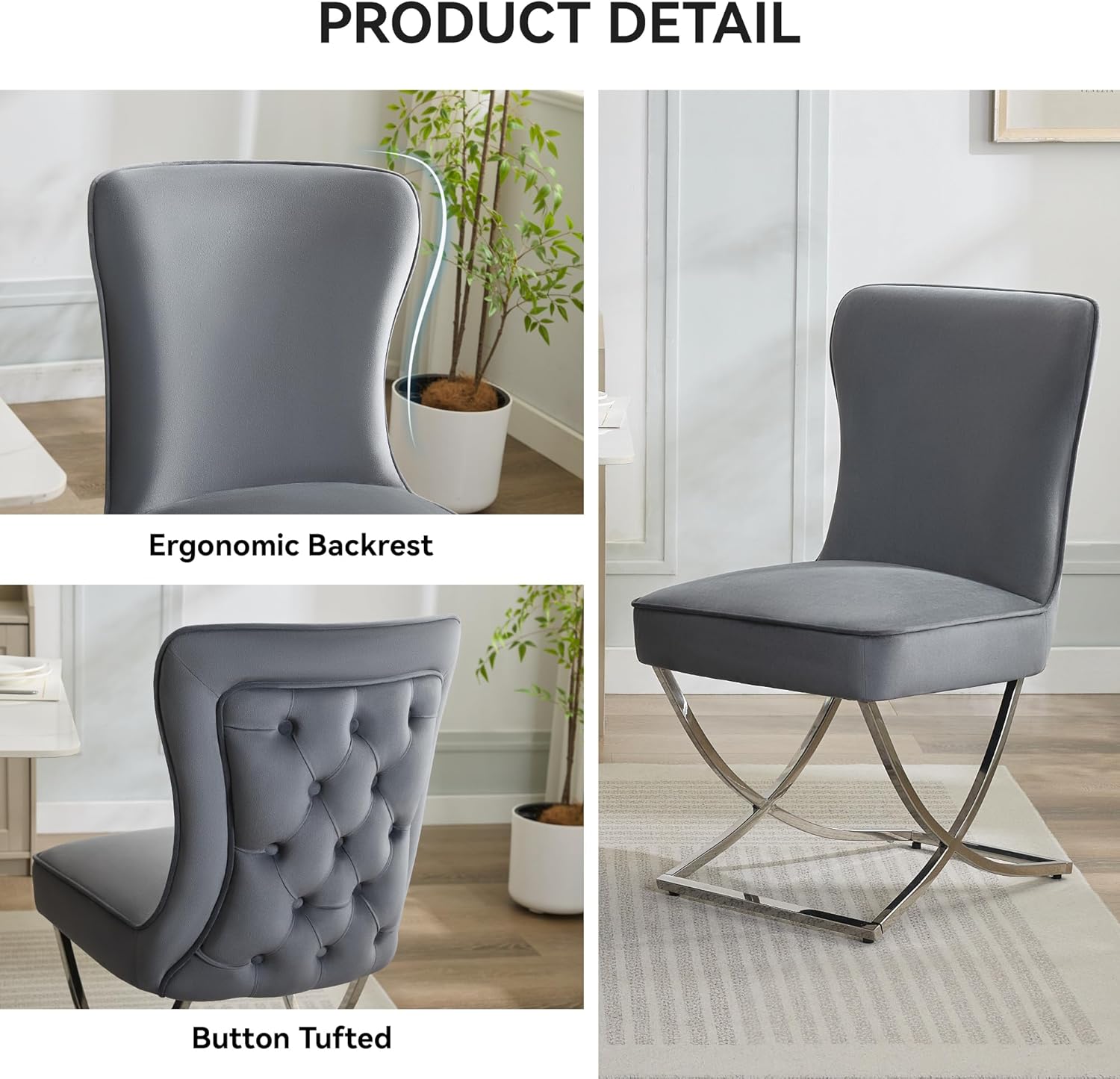 2PCS Luxury Velvet Dining Chairs, Tufted Upholstered Armless Accent Chairs with Silver Metal X-Legs, Modern Glam Dining Chair Kitchen Chairs, Dark gray