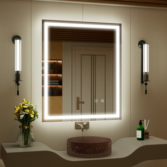 JSneijder LED Bathroom Mirror, 30x36 Lighted Mirror, Wall Mounted LED Mirror for Bathroom, Dimmable, Anti-Fog, Horizontal/Vertical