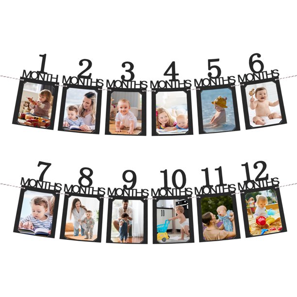Decoraciones de pancartas de fotos del primer cumpleaños de 1 a 12 meses en negro, 12 piezas