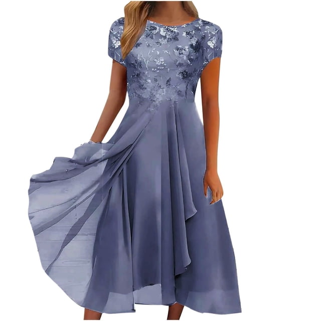 WTXUE Robe à Paillettes pour Femmes, Robe Longue Maxi à Encolure Ronde en Mousseline Patchwork à Imprimé à Paillettes pour Femmes, Robes Petites pour Femmes, 2# Gris P