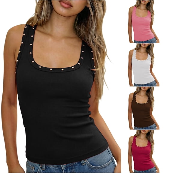 XIAONU Women's Studded Square Neck Ribbed Tank Slim Fit Sleeveless Street Casual Cami