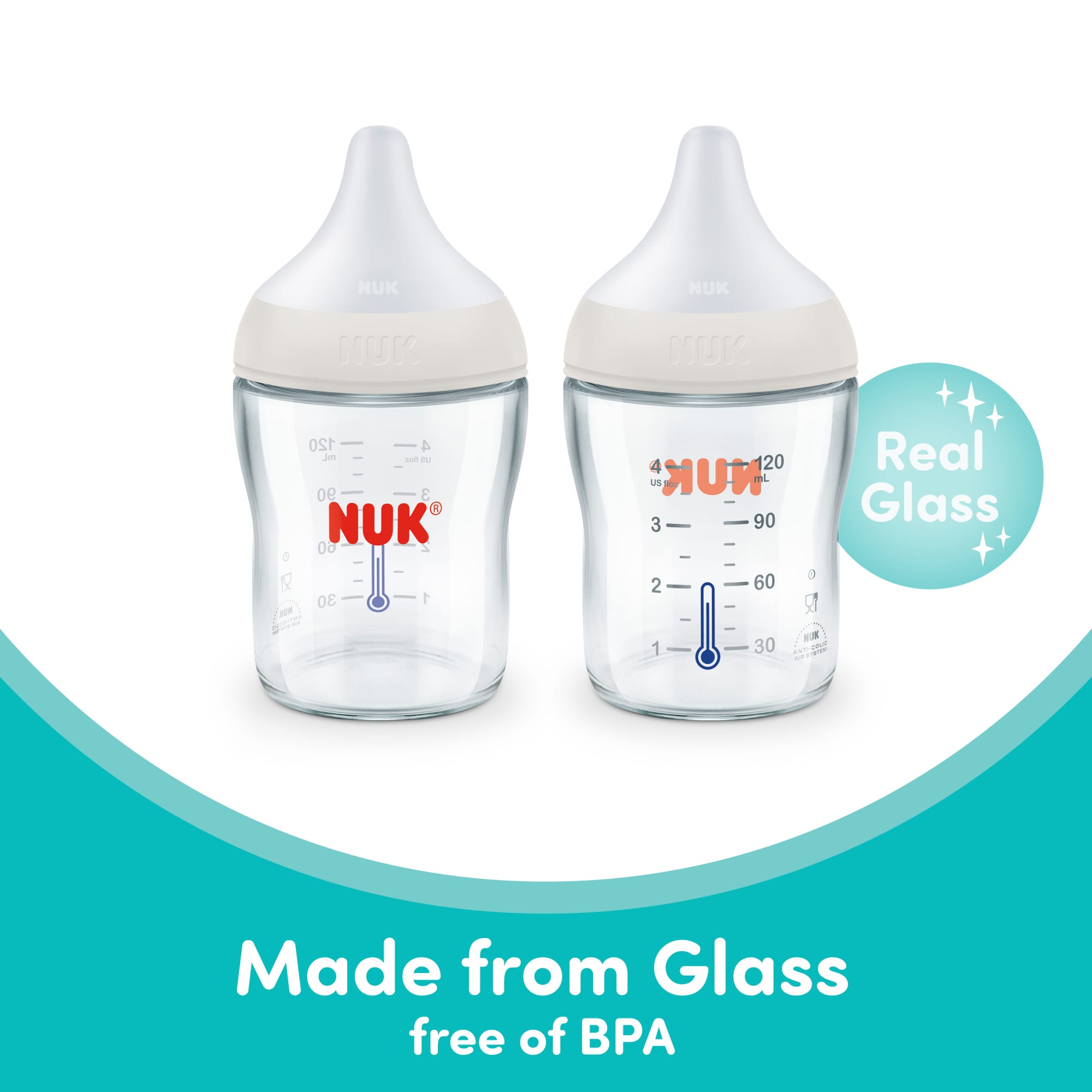 NUK Perfect Match Glass Anti-Colic Bottle, 4oz, 2-Pack photo 3