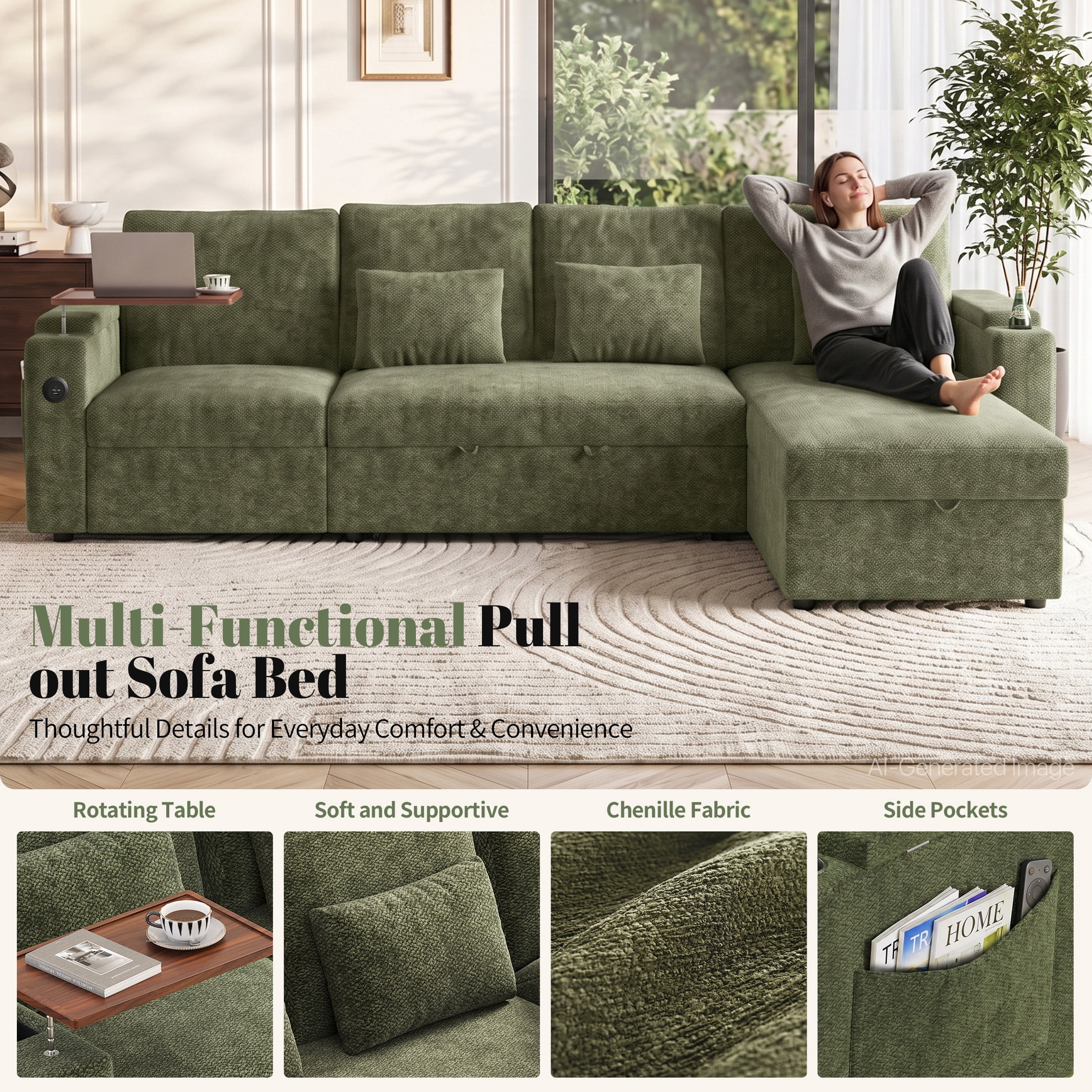 Aenkyo 108" L-Shaped Sectional Sleeper Sofa with Pull Out Bed, Recliner and Storage Chaise, Green