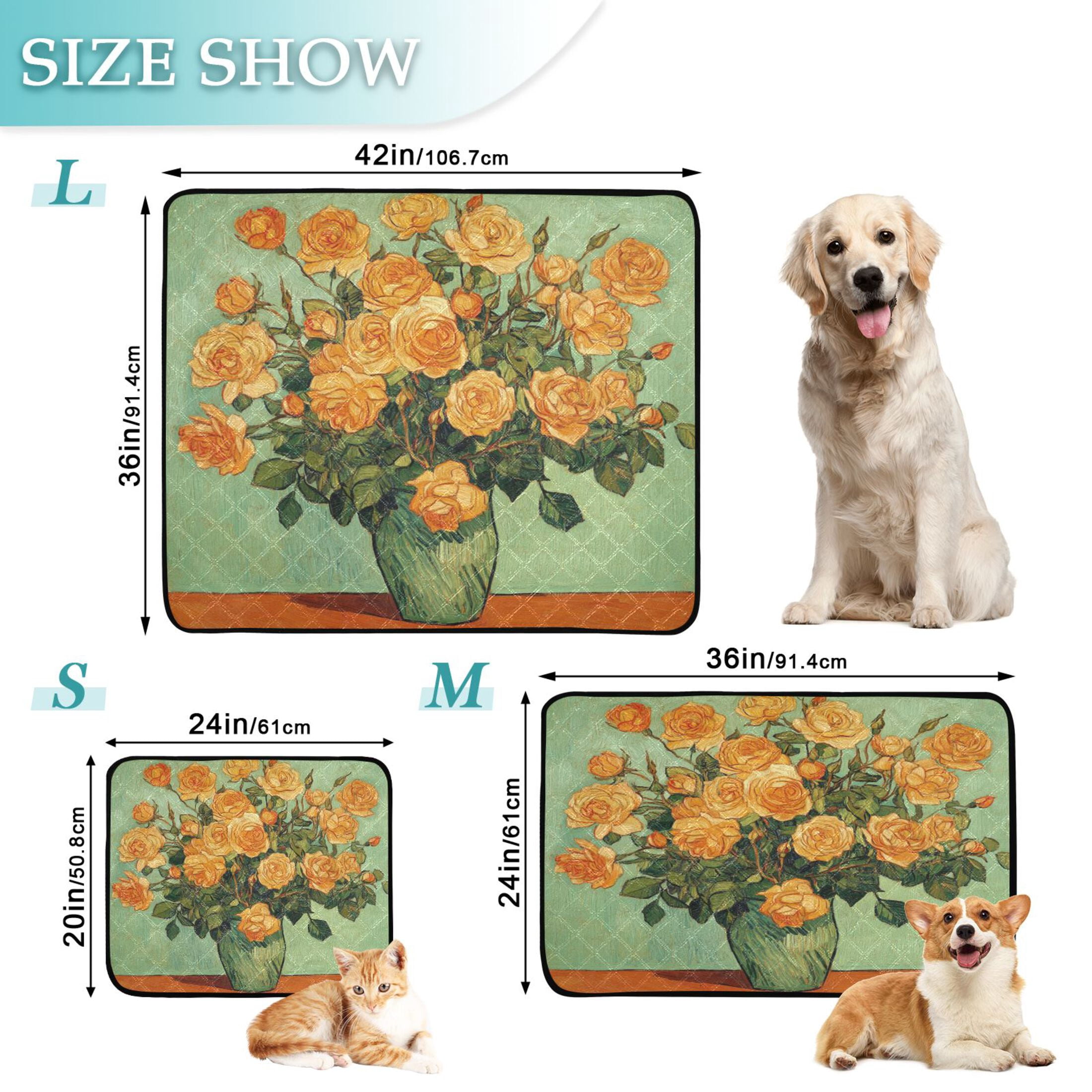 Qxltty Oil Painting Patterns for Yellow Rose Pots Cat litter Pads Pet Set of 3 Diaper Mats Center Anti-leakage Layer Absorbent Soft and Comfortable