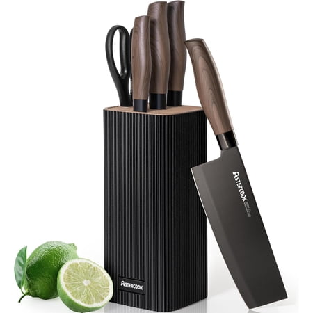 Astercook Knife Set, 6-Piece Kitchen Knife Set with Block, High Carbon Stainless Steel Ultra Sharp Kitchen Knives, Wood Grain Handle, Dishwasher Safe Knife Block Set, Black, Kitchen Utility Knives