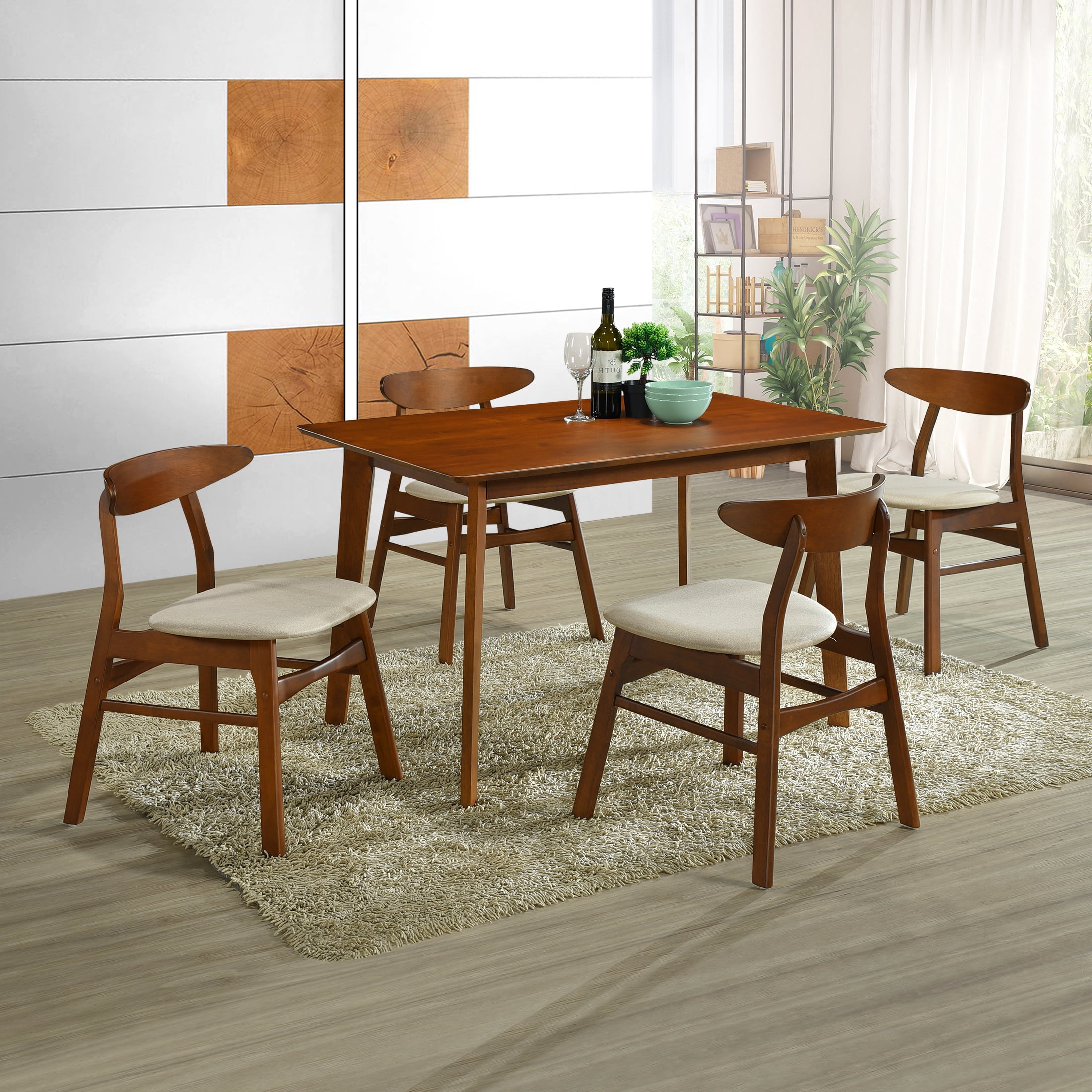 Seville 5 Piece Square Solid Wood Dining Room Set, Walnut/Beige