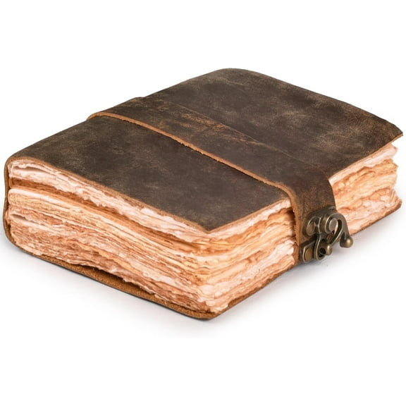 Seather Vintage Leather Journal for Men & Women – 200 Pages Handmade Deckle Edge Paper, Lock Closure, 8 x 6 Inch Antique Writing Notebook