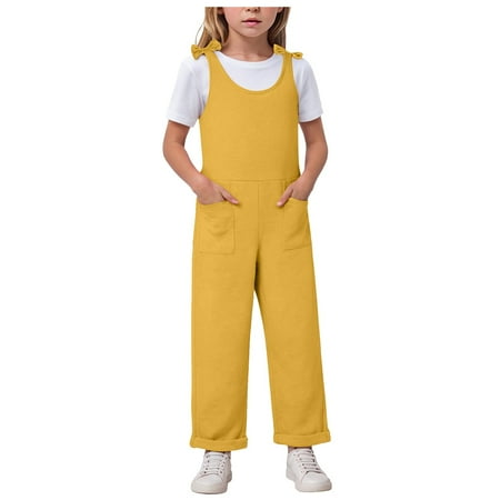 Gubotare Jumpsuit for Girls Romper Sleeveless Adjustable Tie-Up Strap Long Jumpsuits Summer Clothes with Pocket 5T 6T 7T 8-14 Years Yellow 7-8 Years